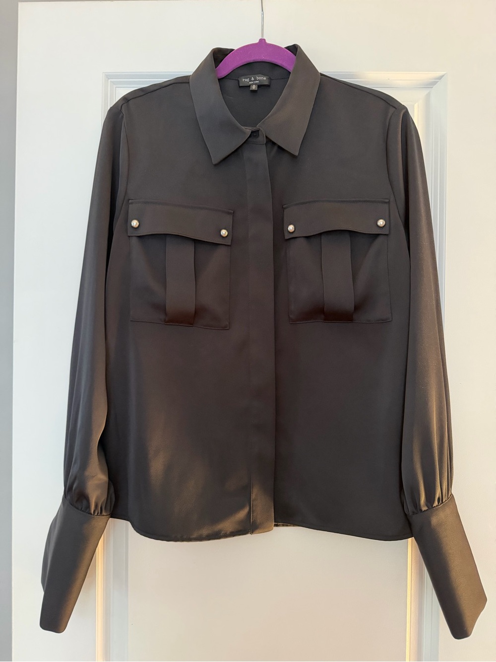 rag & bone Black Satin Utility Blouse Size M Oversized Cuffs Pocket Button Shirt